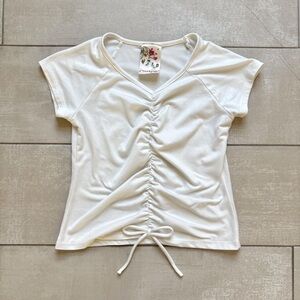 bebe White Ruched Drawstring V-Neck Short Sleeve Tee